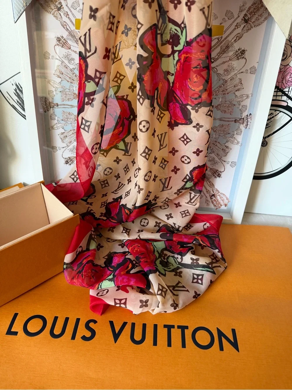 Louis Vuitton Silk Monogram Scarf Roses